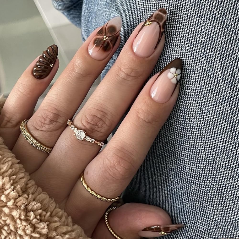 French Tips Press on Nails Medium Almond Nails Press on with 5D Rhinestones Flower Design Glossy Brown Leopard Glue on Nails Tortoise Shell Fake Nail Water Ripple Fall Winter Nail for Women 24Pcs
