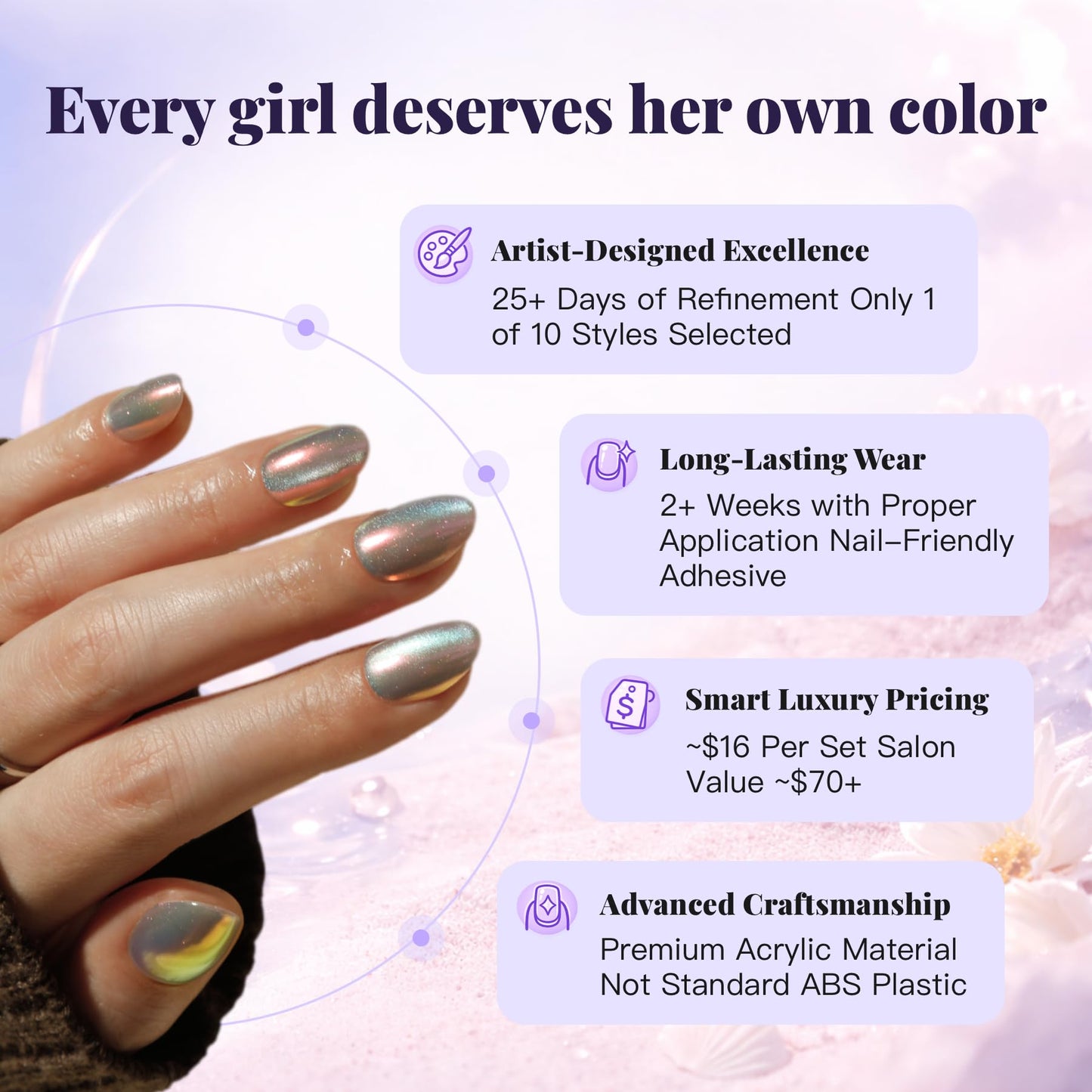 Lahuya Press On Nails - Aurora Pearl | Nail Artist Designed Short Oval Fake Nails with Iridescent Pearl Chrome Finish, Glossy Finish, Salon Quality | 15 Sizes - 30 Nail Kit with Glue