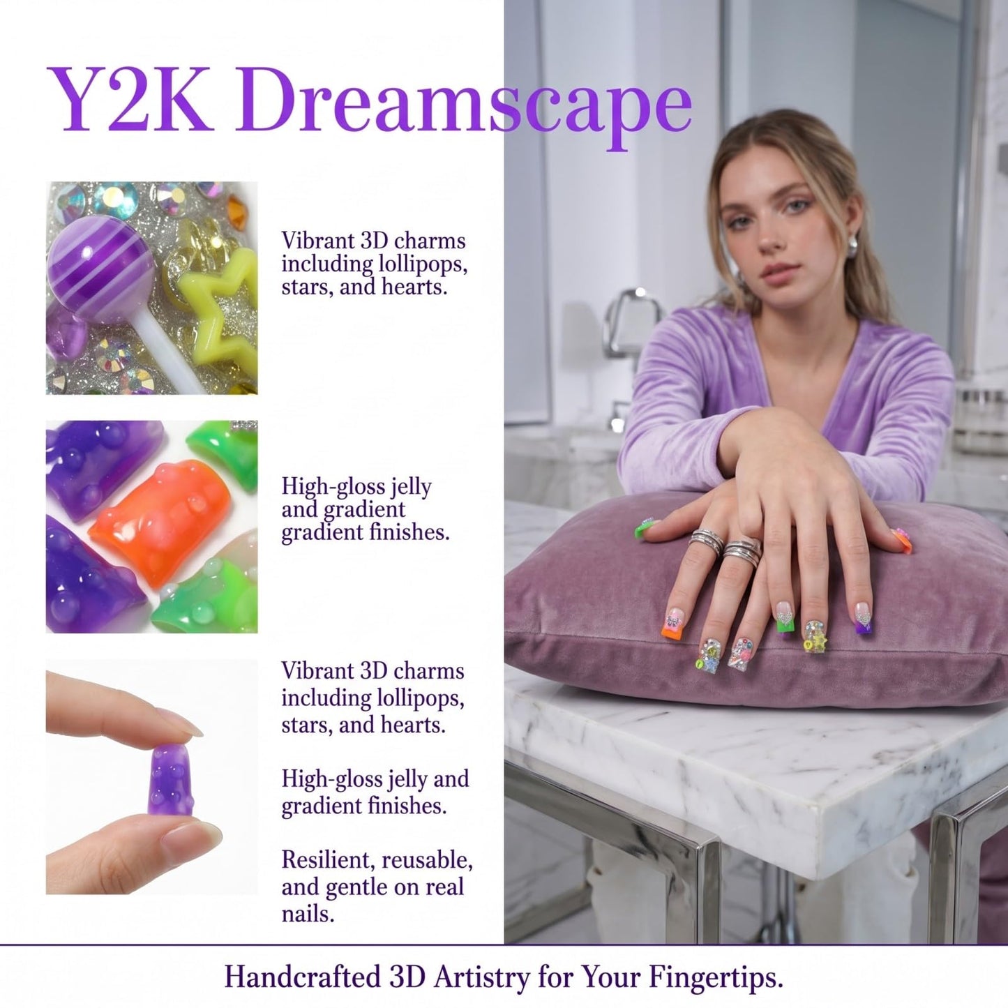 Luxury Colorful Handmade Press on Nails Duckbill Mediu Fake Nails with 3D Candy Rhinestones Design False Nails Embossed Reusable Full Cover Glue on Nail for Women Manicure 10Pcs (Size M)
