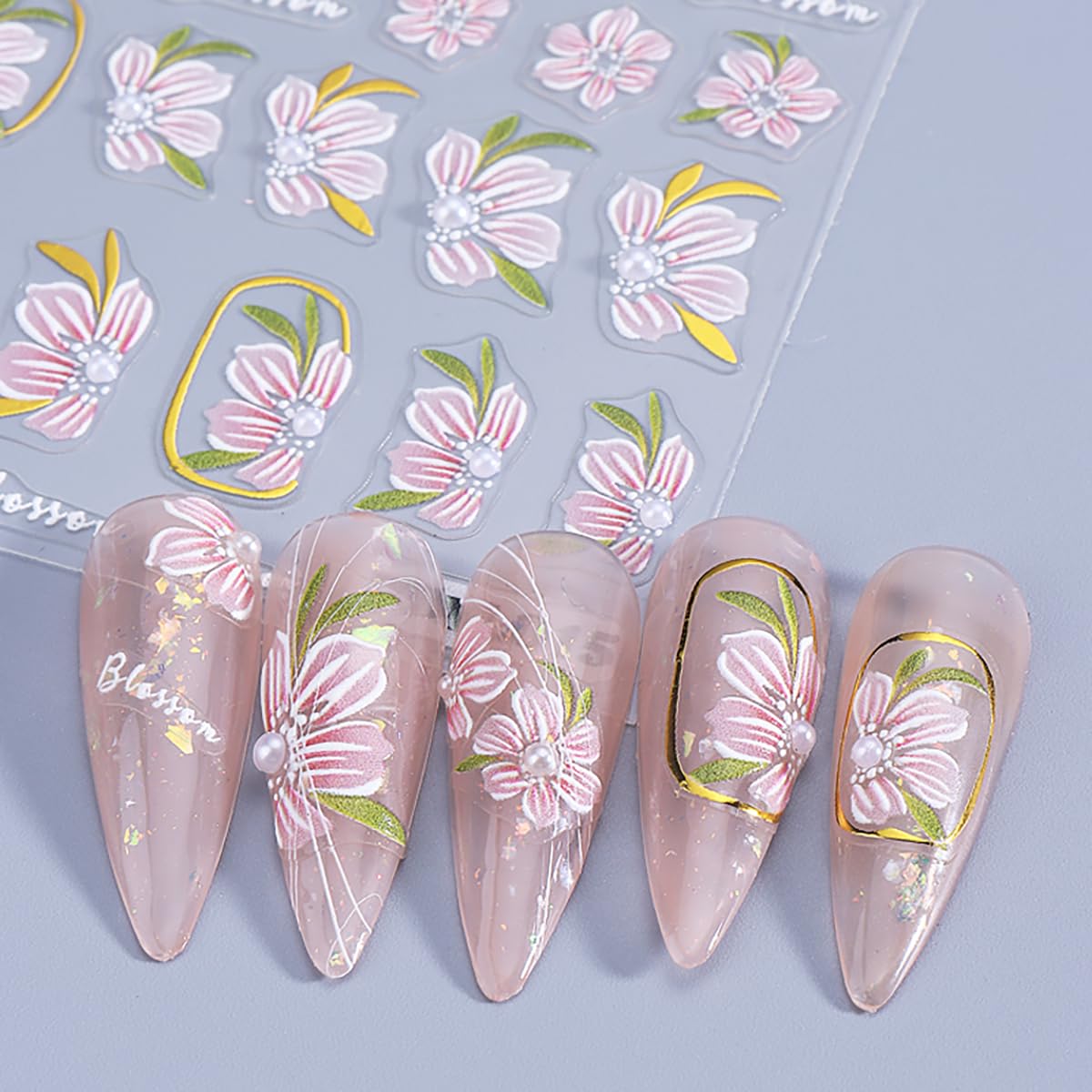 3D Flower Nail Art Stickers Decals Self Adhesive Blossom Flowers Nail Decals with Leaf Design, Spring Floral Nail Stickers for Women DIY Manicure Gel Acrylic Nails Decorations Supply 2 Sheets