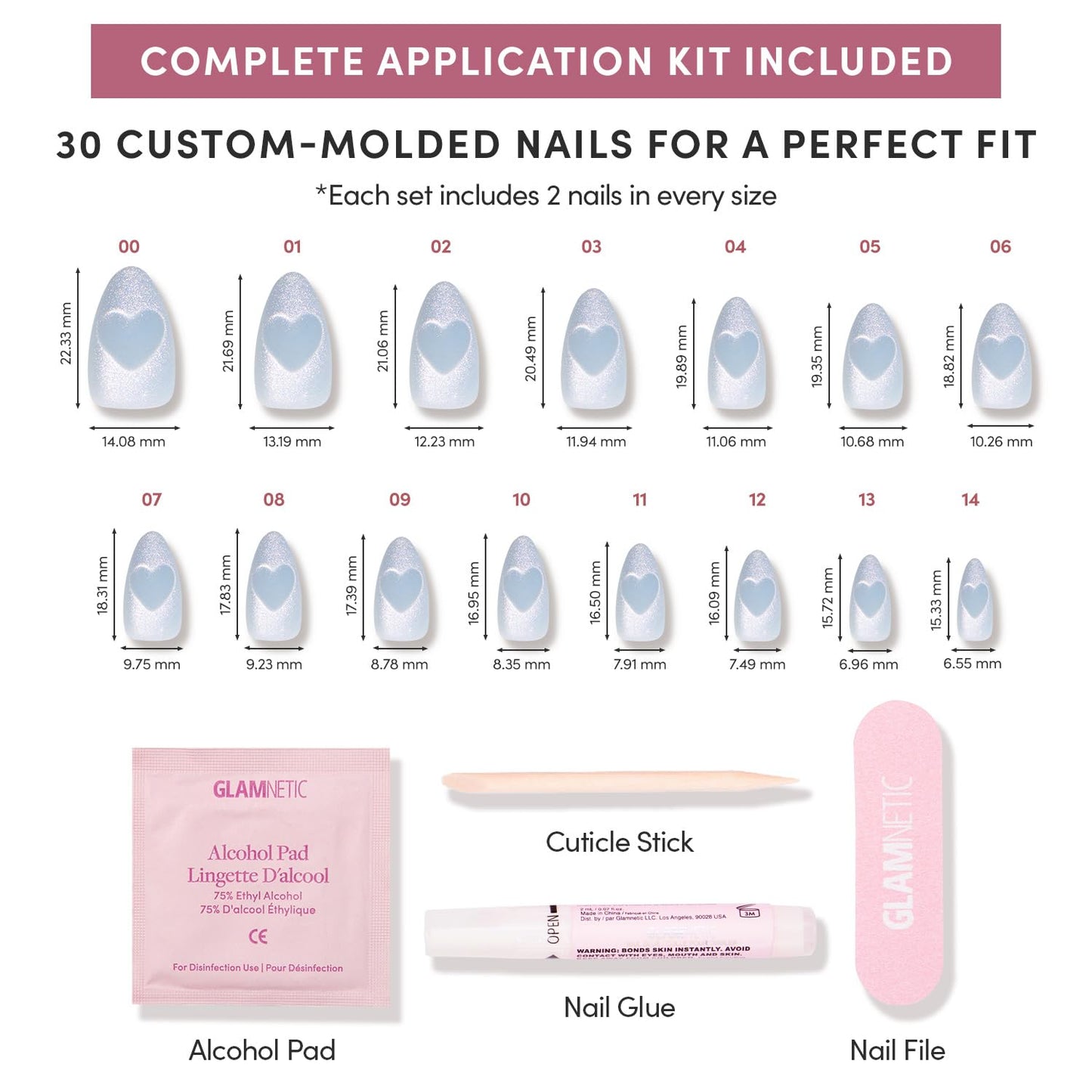 Glamnetic Press-On Nails Bundle - Cold Hearted, Velvet Pine & Cutie Pine | Short Almond Fake Nails with Heart Accent and Pale Blue Velvet Finish | Deep Green Short Oval Fake Nails with French Tips, Tr