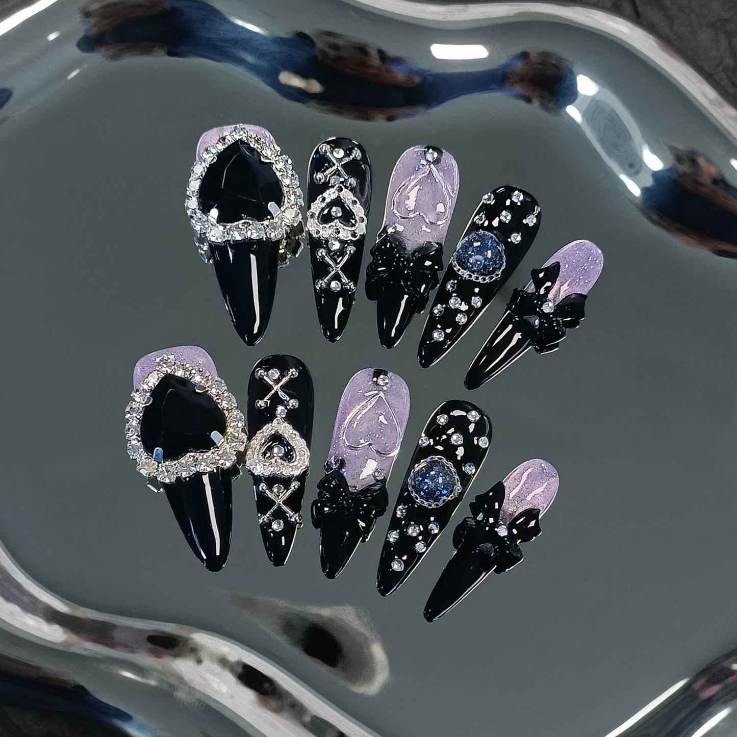 TENPAL Glam Punk Press on Nails Stiletto Almond Long,3D Heart Rhinestones&Metal Chains Designs,Black Glitter Purple Chrome Nails with Full Cover Micro Gems,Y2K Edgy Girly Streetwear Nails,10pcs M