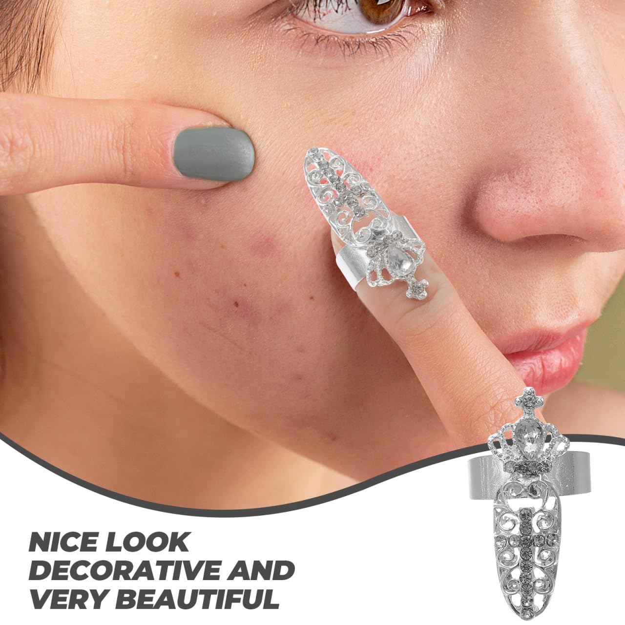 Healvian 3Pcs Rhinestone Crown Fingernail Rings Set Silver Alloy Hand Joint Rings Fashion Finger Jewelry for Women Nail Art Decoration
