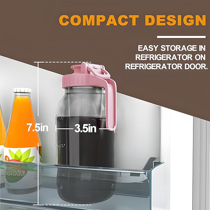 Cold Brew Coffee Maker Pitcher, 32 oz Thick Glass Mason Jar Spout Lid with Handle & Stainless Steel Filter for Iced Brew Coffee, Ice Lemonade, Sun Tea, Fruit Drinks Container
