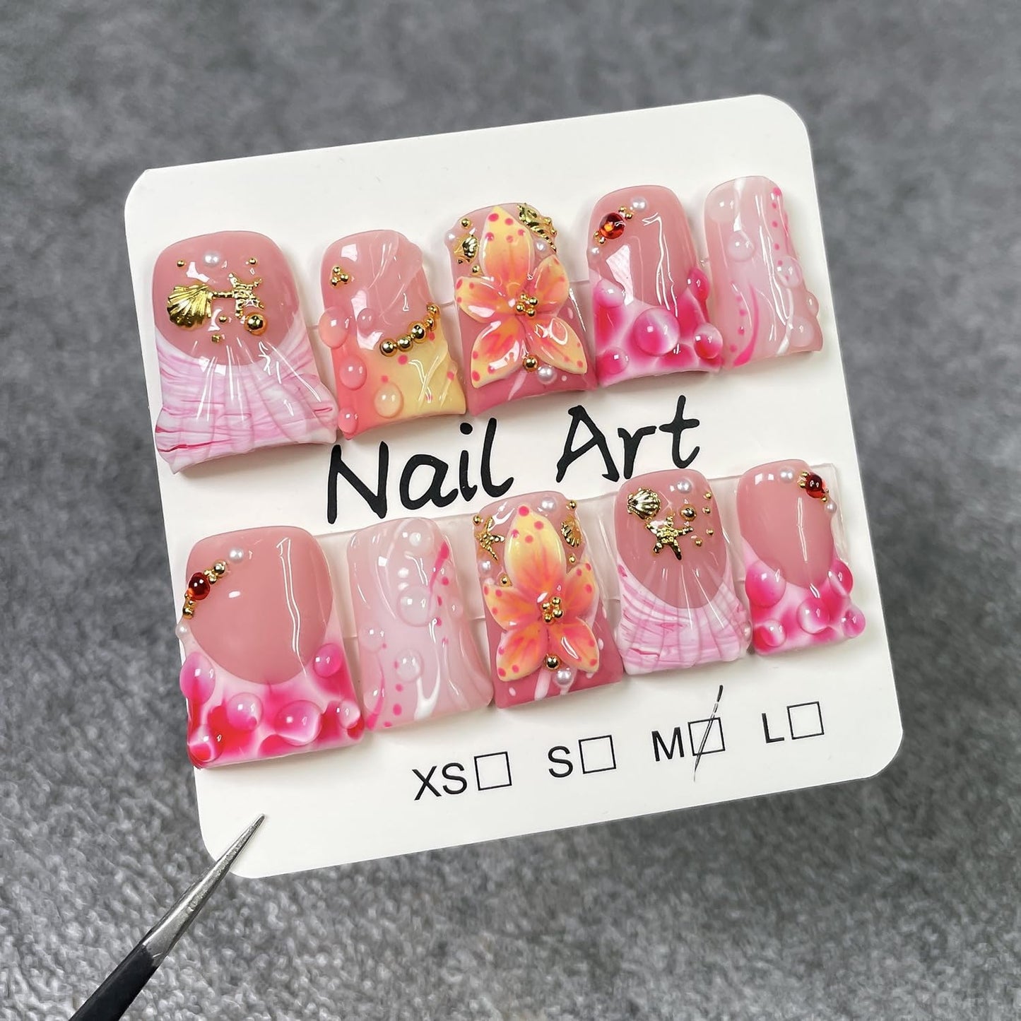 Handemade Press on Nails Thick and Muti-Layer Gel Acrylic Nail Short Duck Fake Nails Cute Gradient Flower False Nails with Designs Water Droplets Art Petal French Tip Stick on Nail for Women（M)