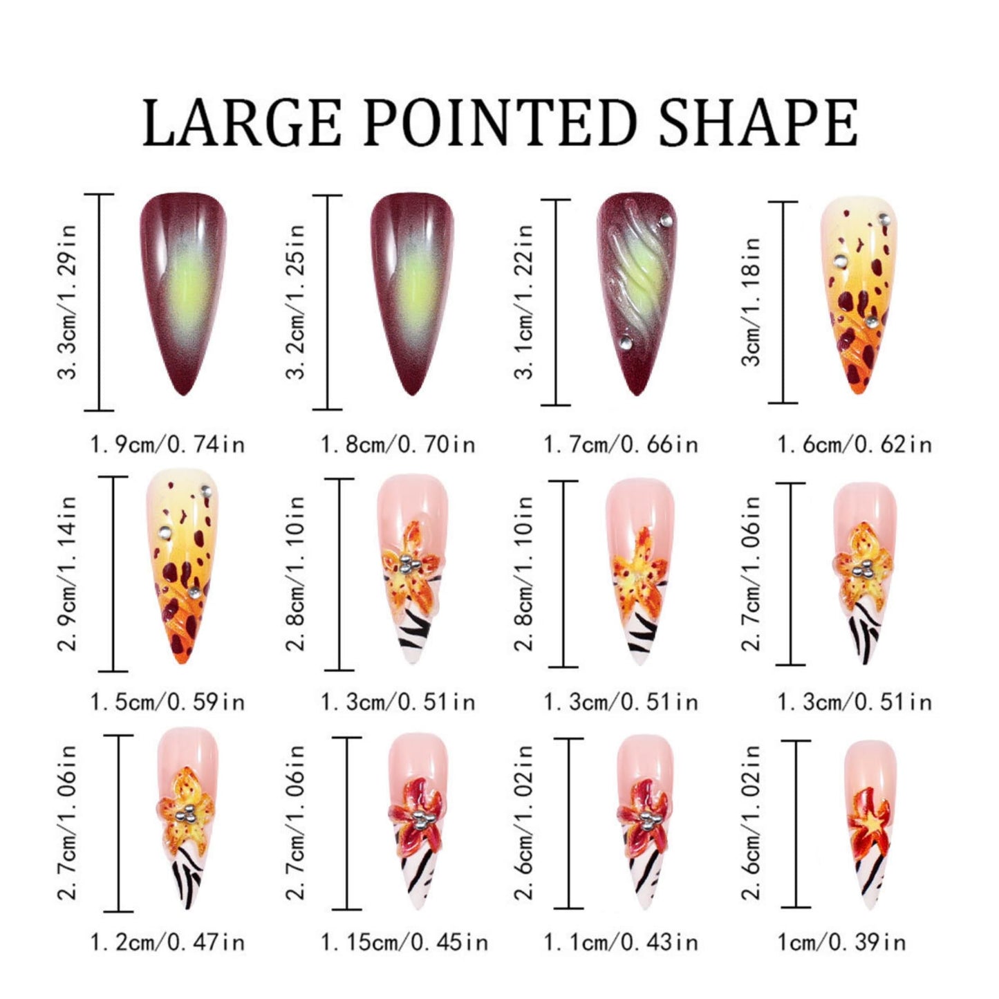 Long Press on Nails Almond Fake Nails Orange Artificial Nail 3D Floral Designs Rhinestones Stick on Nail for Women 24pcs