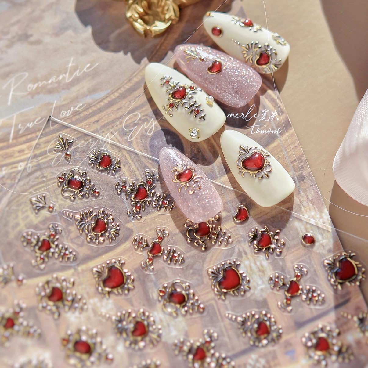Phuryllic 3D Nail Stickers for Nail Art, Embossed Self-Adhesive Cute Nail Charms & Decals for DIY Nails, Easy-to-Apply Nail Design Supplies & Accessories for Home Manicure-Cross Shape Red Heart