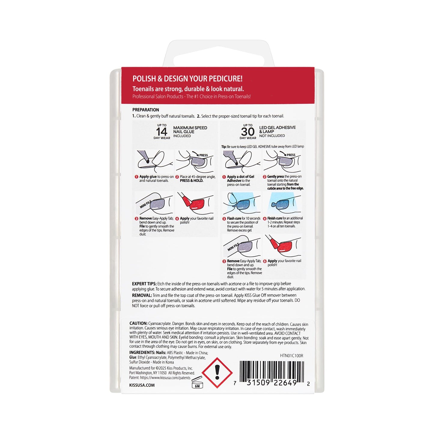 Kiss PROFESSIONAL, Press On Nails, Nail glue included, 'Tippy Toes', White, Short Size, Squoval Shape, Includes 130 Toenails, 3g Glue