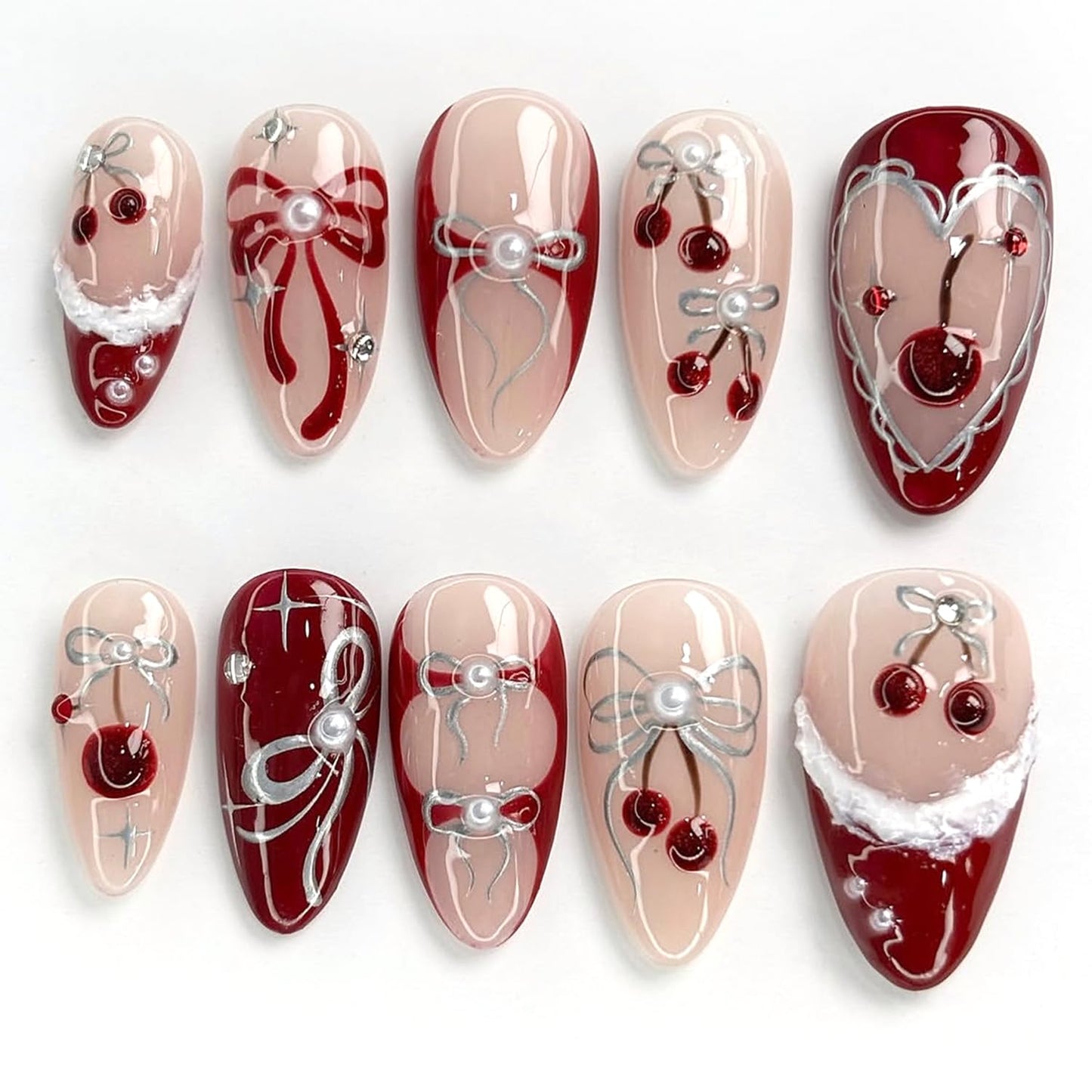 30Pcs French Tip Press on Nails with Charms Medium Almond Fake Nails with Cherry Rhinestone Designs French Nails Press ons Cute Bow Pearl Stick on Nails Almond-Shaped Acrylic Nails for Women