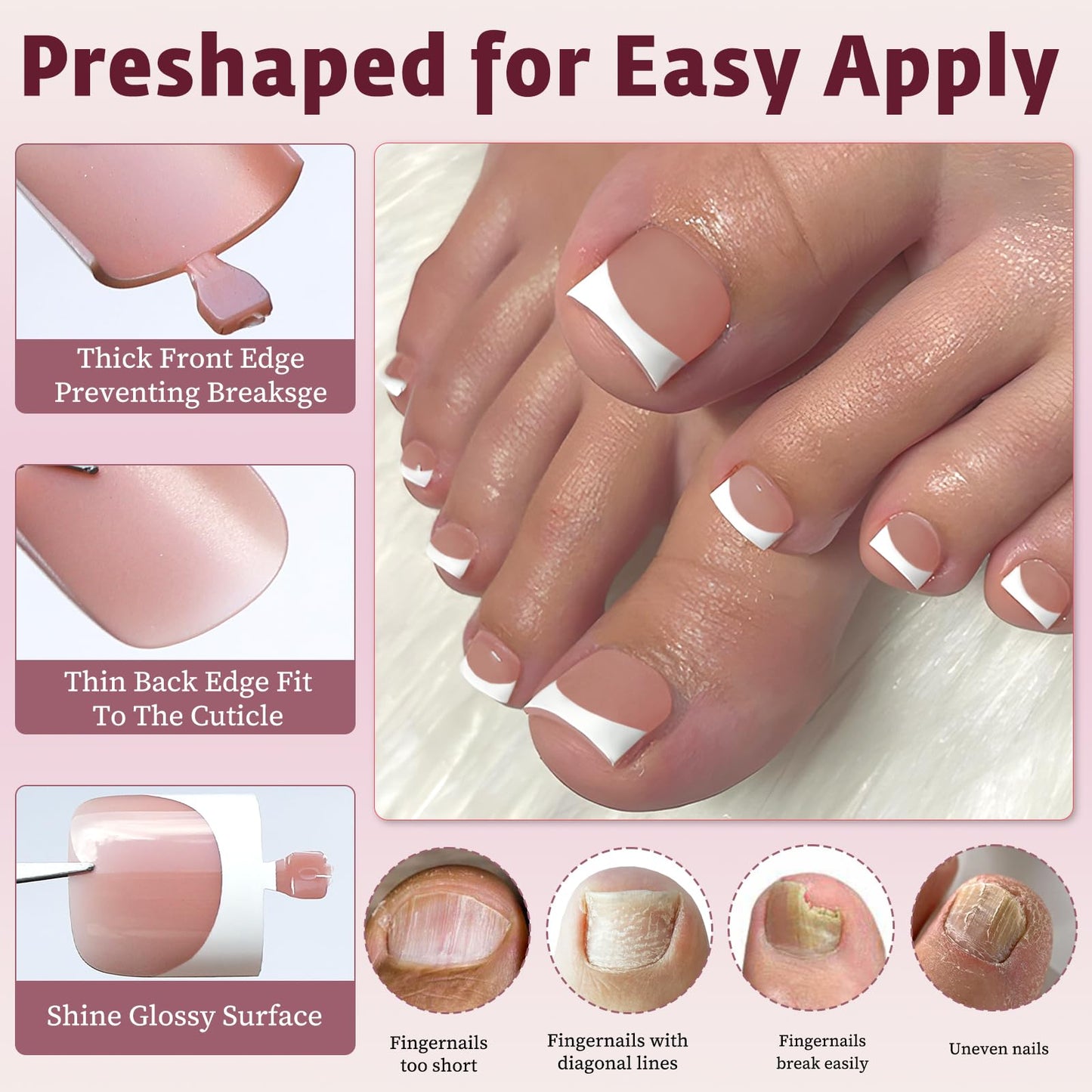 Bellelfin French Press On Toenails For Women with Nail Adhesive Tabs, 150 Pcs White French Tip Toe Nail Press Ons, Short Square Toenail Press On, 15 Sizes Full Cover Acrylic Fake Toe Nails