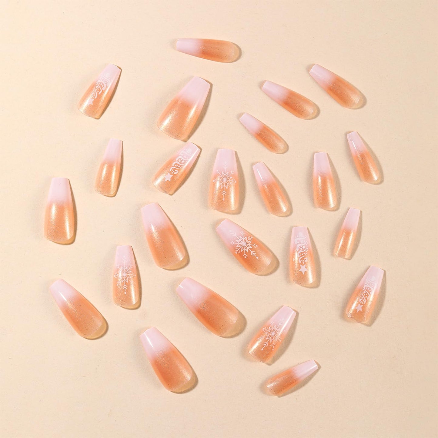 IMRAIN Christmas Press on Nails Long Coffin Fake Nails White Nude Gradient False Nails Full Cover Snowflakes Nails with Designs Ballerina Artificial Stick on Acrylic Nails for Women 24Pcs
