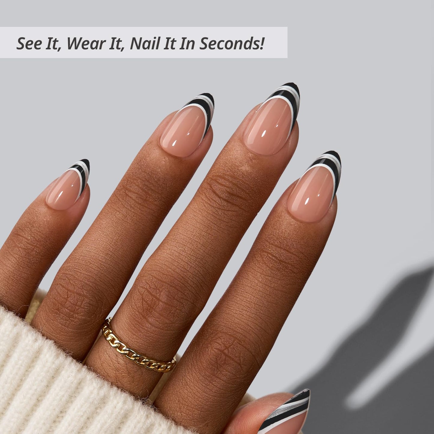 BTArtbox French Tip Press On Nails - Veil Waltz, Lamp-Curable Short Almond Press On Nails with Glue and Adhesive Tabs for Women in 16 Sizes - 32 Nails All-in-One Kit