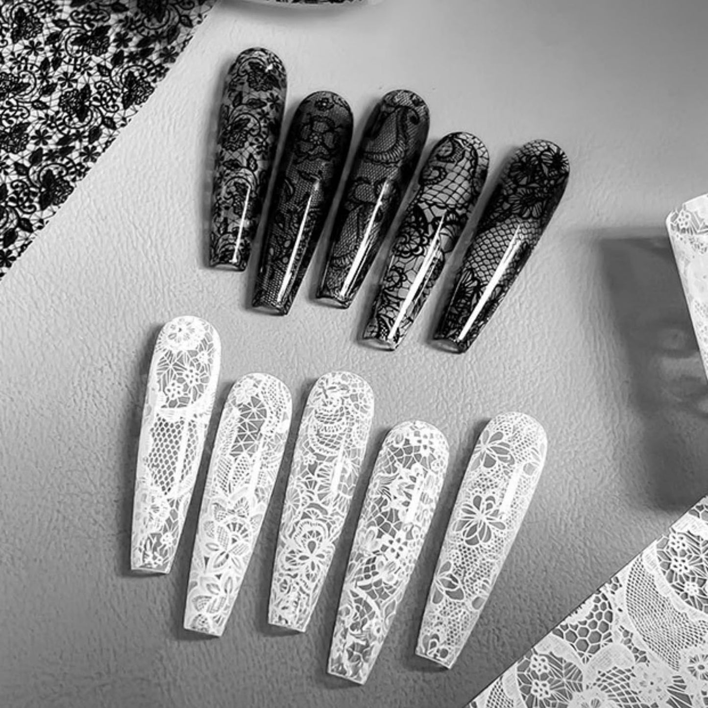 GZMAYUEN 20 Rolls Lace Nail Foil Sheets, White Lace Transfer Foil for Nails, Black Nail Lace Stickers, Nail Transfer Sheets for DIY Nail Decoration