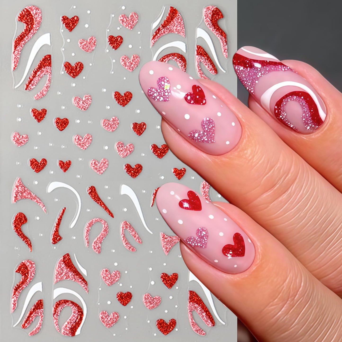 8 Pcs Valentines Day Nail Stickers French Heart Nail Decals Glitter Pink Silver Romantic Heart Curved Line Nails Design 3D Self-Adhesive Pink Red Silver Glitter Mini Hearts Nails Supplies for Women