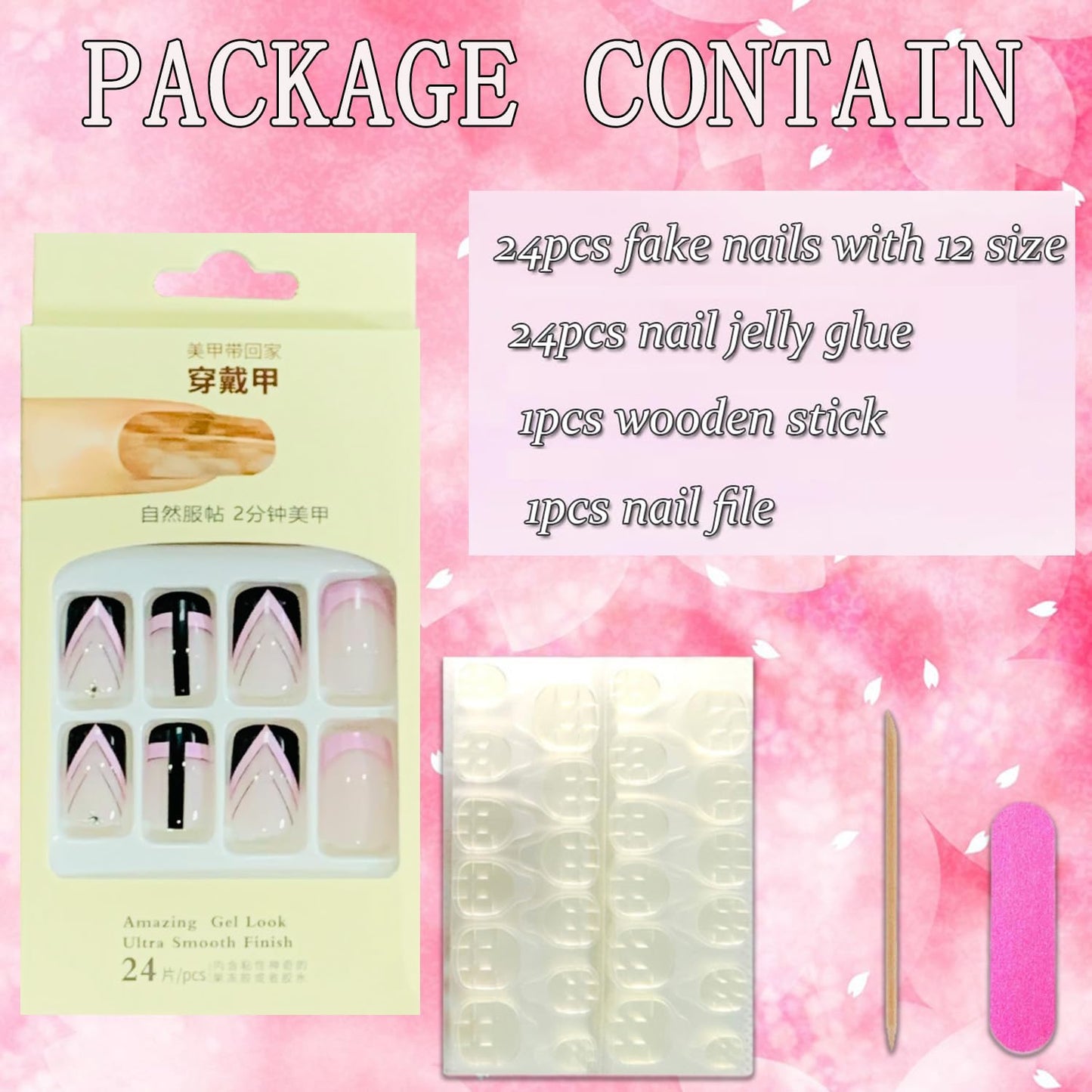 Vezocim Pink Press on Nails Square Shapes 24Pcs French Tips Glossy Full Cover Medium Acrylic Square False Nails with Designs Artificial Coffin Fake Nails Glue ons Fingernails with Charm for Women