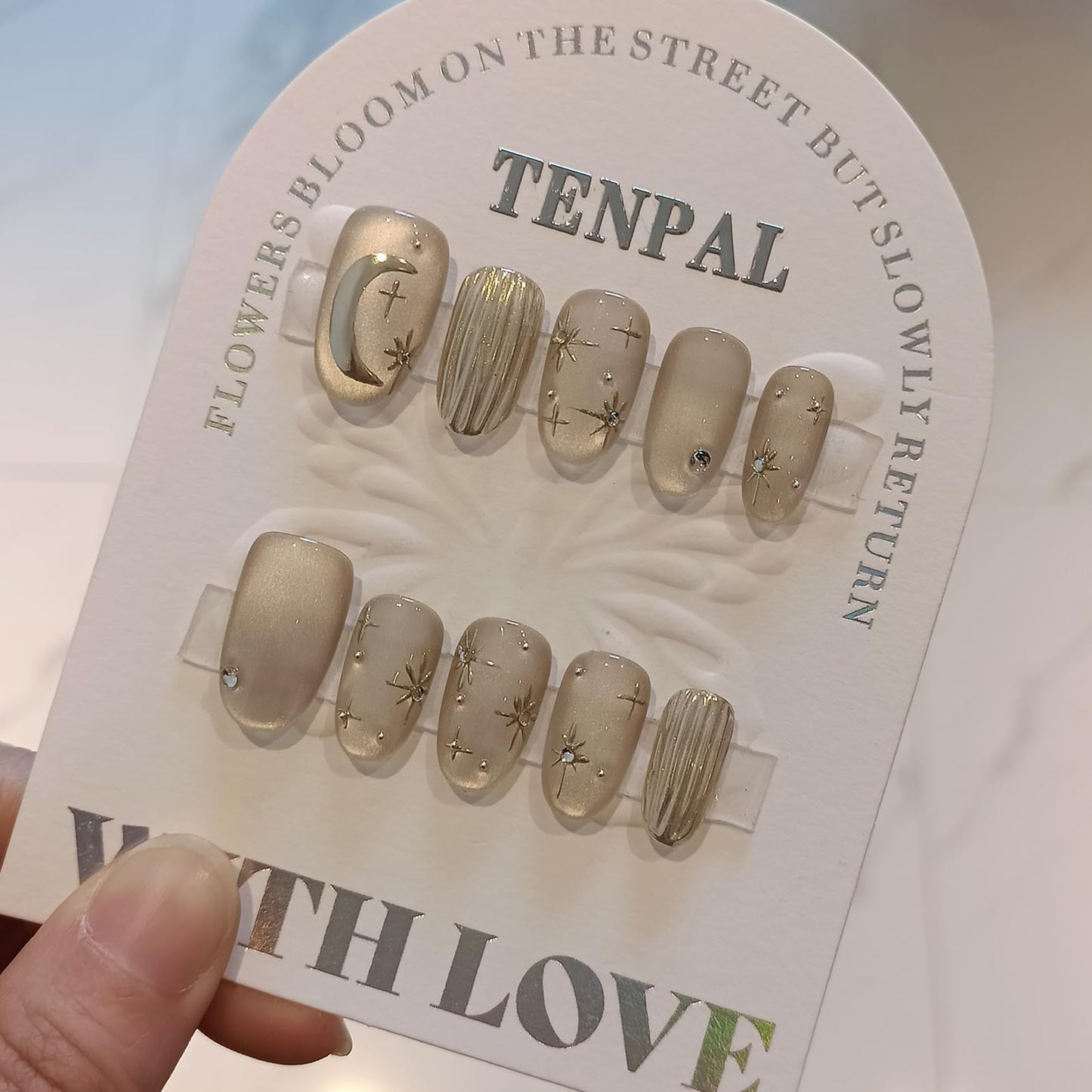 TENPAL Handmade Press on Nails Short Oval,Cat Eye Fake Nails with Mirror Star Moon Designs,Soft Gel Ethereal Edgy French Retro Nails Kit with Tools,Shimmer Glossy Glue on Nails Short for Women(XS)