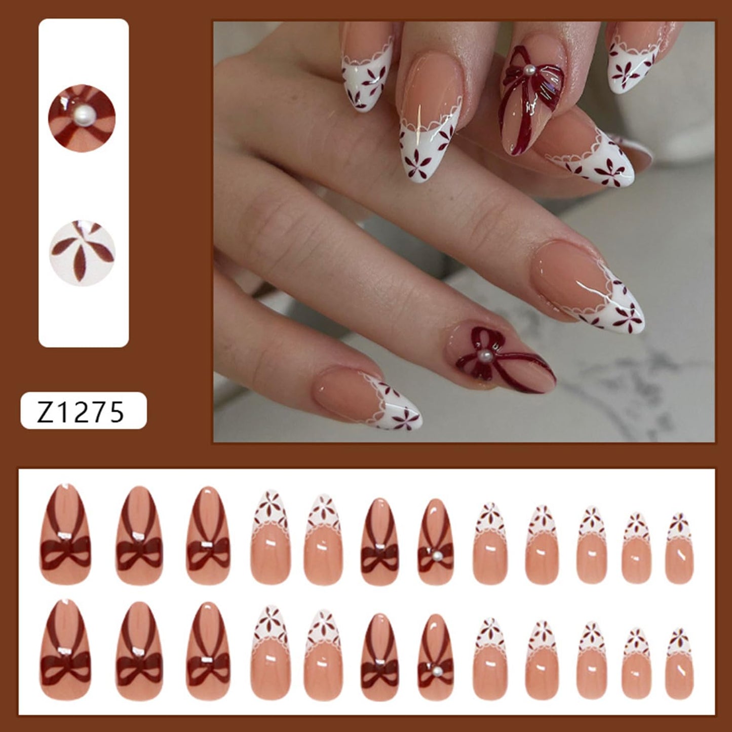 CJDLTS Flower Press on Nails Almond Shaped Artificial Acrylic French White False Nails 3D Floral Red Bow with Pearl Spring Glossy Design Medium Coffin Nail Artificial Fingernails for Women Manicure