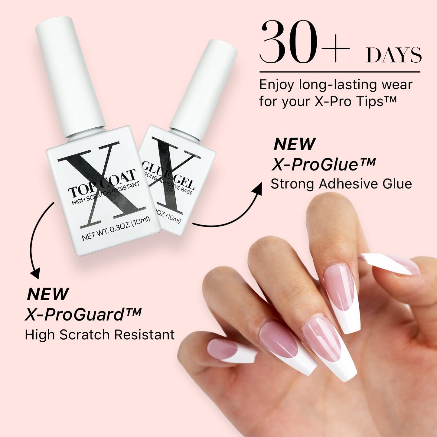 SXC Cosmetics French Tip Press On Nails – Pink Series, Medium Coffin Fake Nails X-Pro Tips Starter Kit | 150PCS, 15 Sizes, 5 Styles