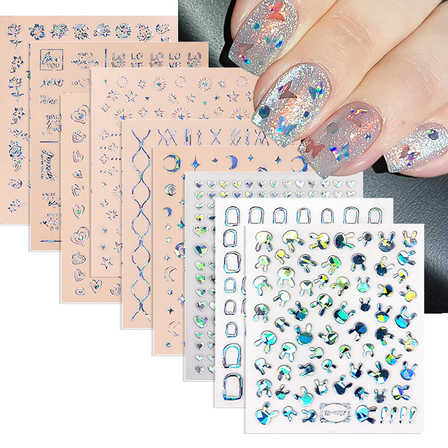 9 Sheets 3D Self-Adhesive Flower Love Nail Art Stickers Moon Stars Lines and Cute Rabbit Design Nail Decals Holographic Laser Nails Stickers Decoration Suitable Women Daily DIY Manicure Supplies Set