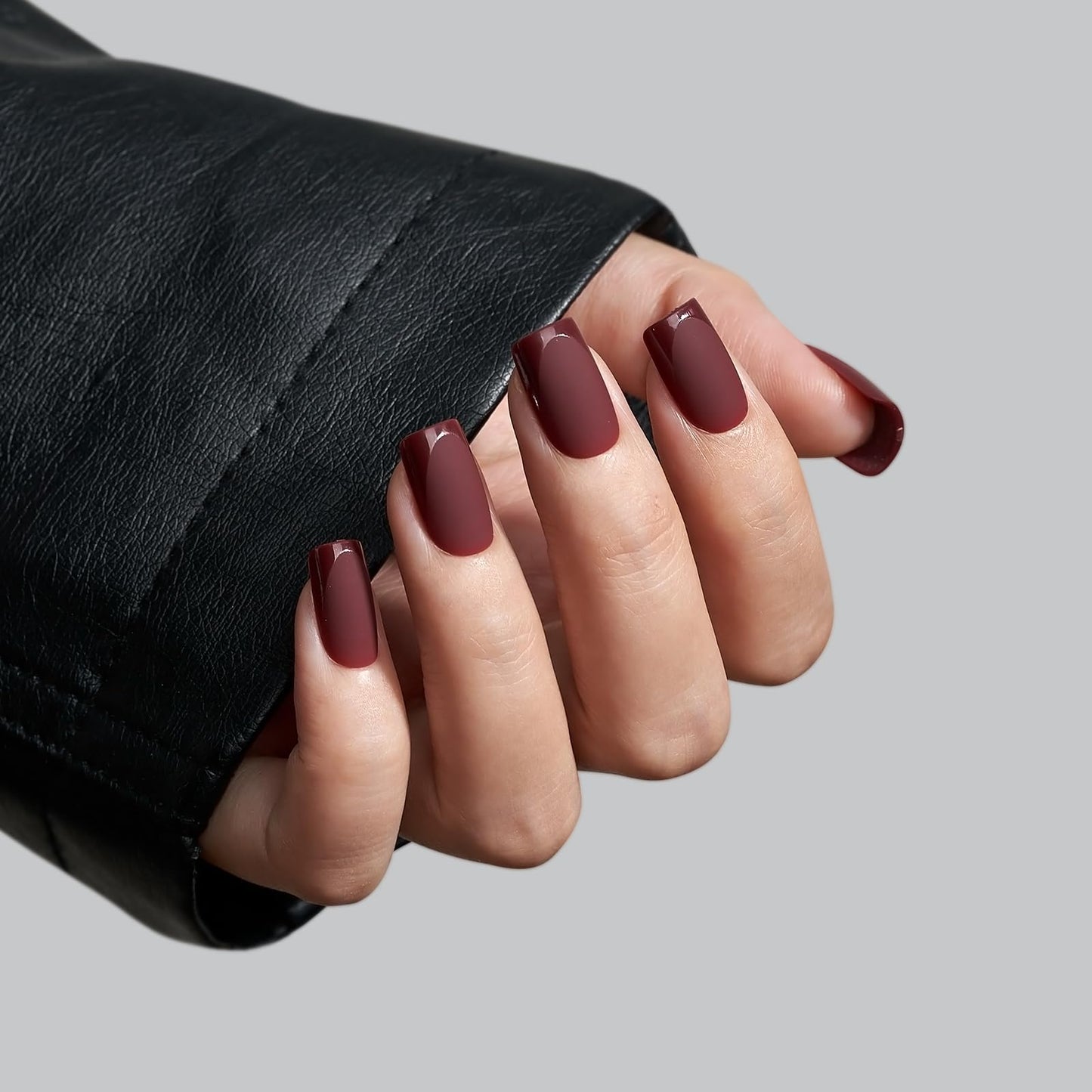 BTArtbox Press on Nails Short Square - Dark Red Nails with Glossy French Tips in a Matte Finish, Soft Gel Fake Nails Glue On Nails in 16 Sizes for Christmas, Hot Love & Cozy Cocoa