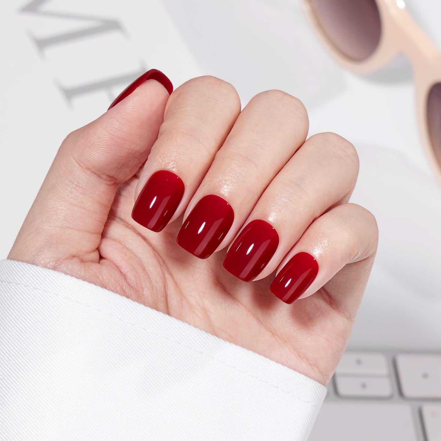 VSALON Short Square Press on Nails - Red Glossy Pastel Fake Nail Kit for Women,Reusable Gel Opaque Spring Summer Glue on Nails with Glue & Cuticle Oil - 32 PCS Stick on Nails in 16 Sizes
