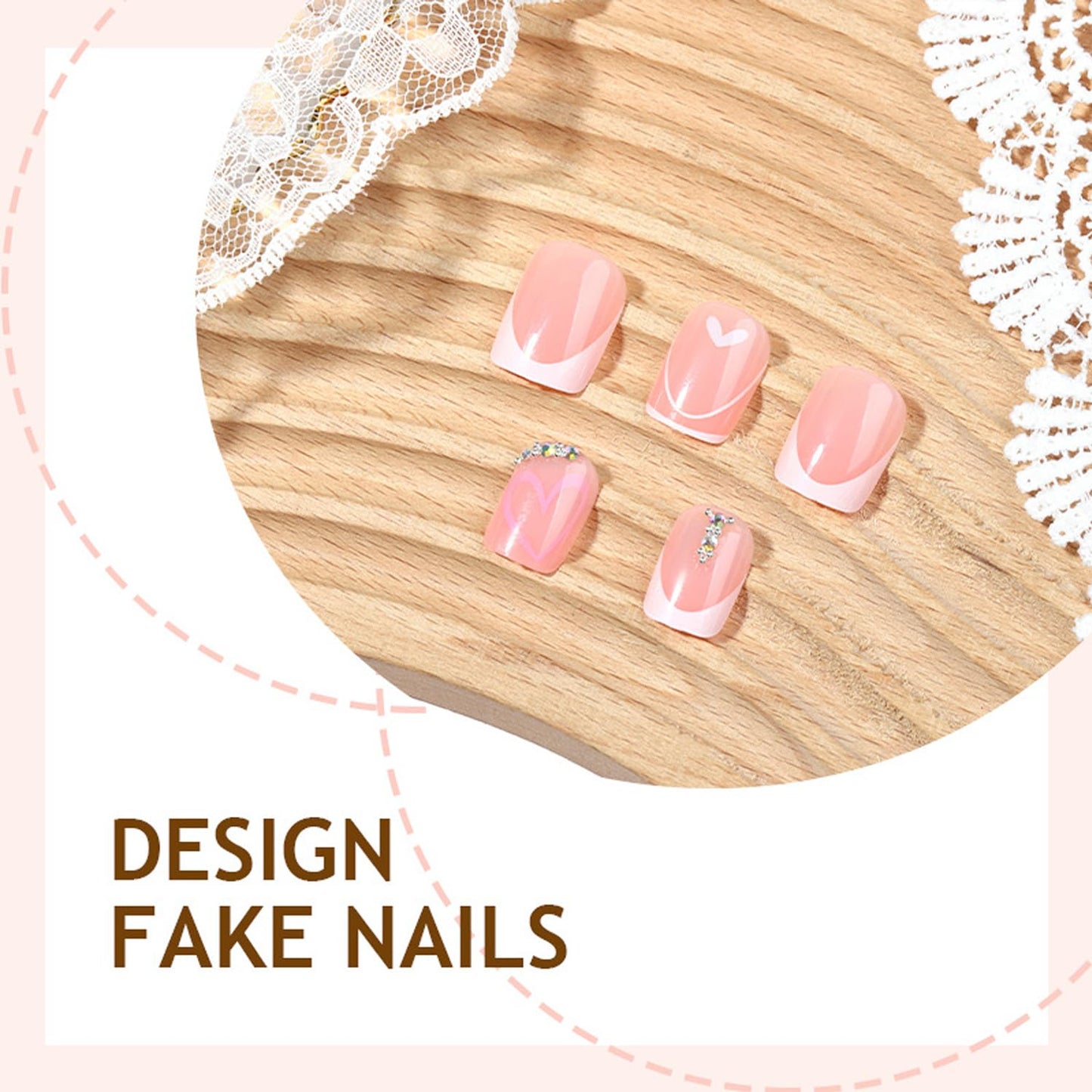 24Pcs French Tip Press on Nails with Nude Pink Hearts Design,Glossy Short Square False Nails Rhinestones Acrylic Fake Love Heart Stick on Fingernails Valentine's Press ons Cute Glue on Nail for Women