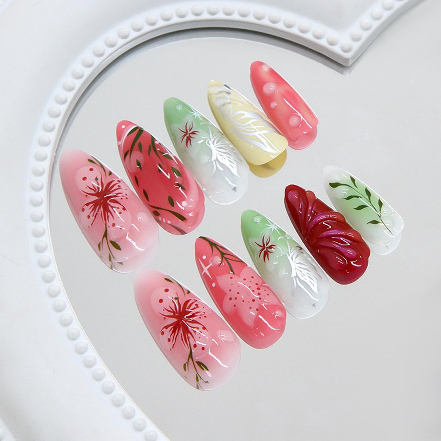 24Pcs Spring Colorful Flower Press on Nails Medium Almond Fake Nails Floral Butterfly Glossy Design Pink Full Cover Stick on Nails Flowers Nail Art Acrylic False Nails Set for Women DIY Manicure