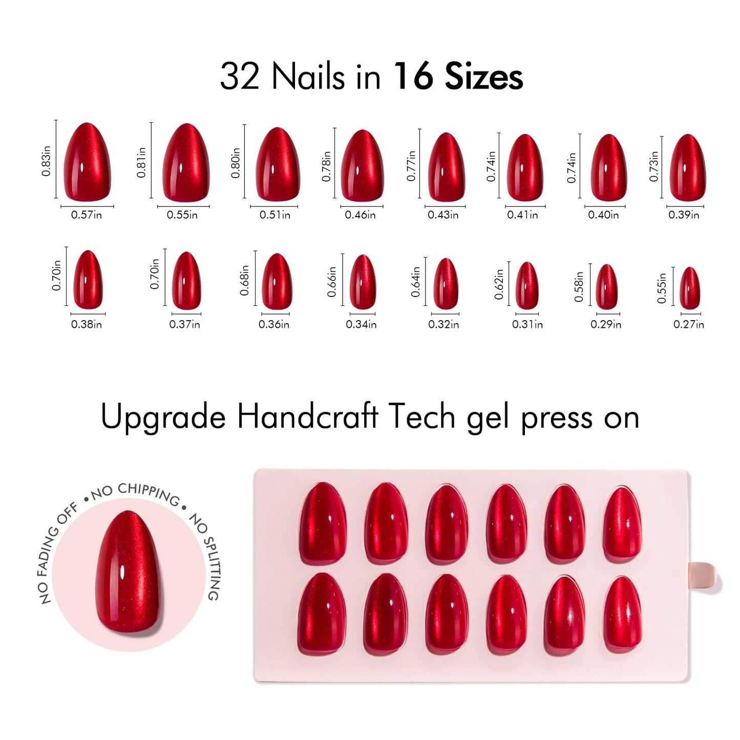 VSALON Short Almond Press on Nails - Red Cat Eye Glossy Fake Nails, Reusable Spring Summer Bright Red Opaque Salon Quality Gel Glue on Nails Kit with Cuticle Oil - 32 PCS Stick on Nails in 16 Sizes