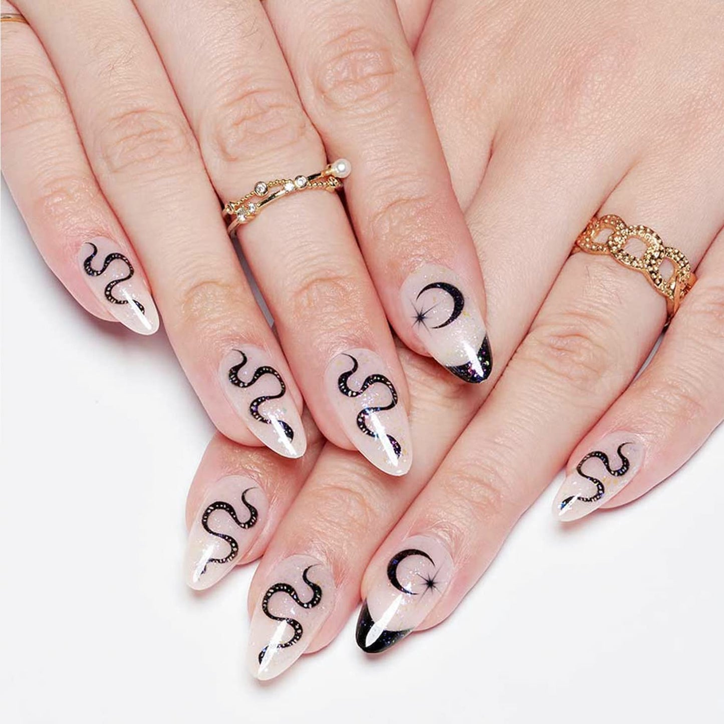 GLAMERMAID White Press on Nail Medium Almond, Natural White Crush Nail, Stiletto Fake Nail with Glitter Snake Design, Short Oval Stick Glue on Nail Tips for Women, Reusable Acrylic False Nail Kit