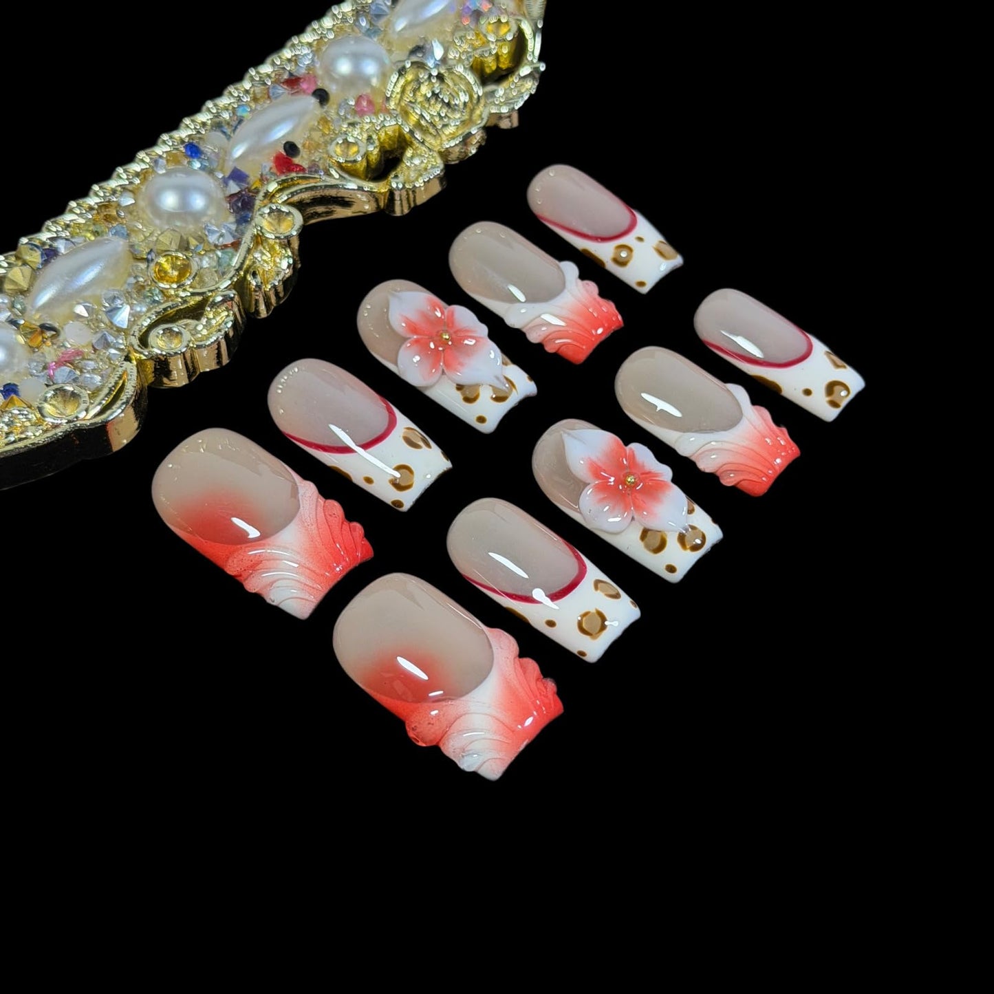 3D Handcrafted Press On Nails Medium/Short Square Length, Red French Tip Fake Nails with Leopard Print & Flower Design, Reusable Acrylic False Nails Crimbon Bloom (L)