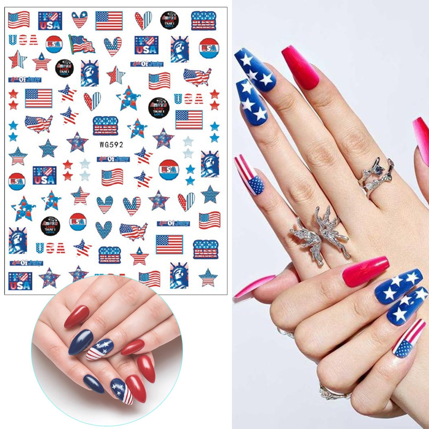 8Sheets 4th of July Nail Art Stickers American Independence Day Nail Design Decals，3D Self-Adhesive Nail Decals Balloon Heart Designs American Flag Nail Decorations for Women Girls Manicure Stickers