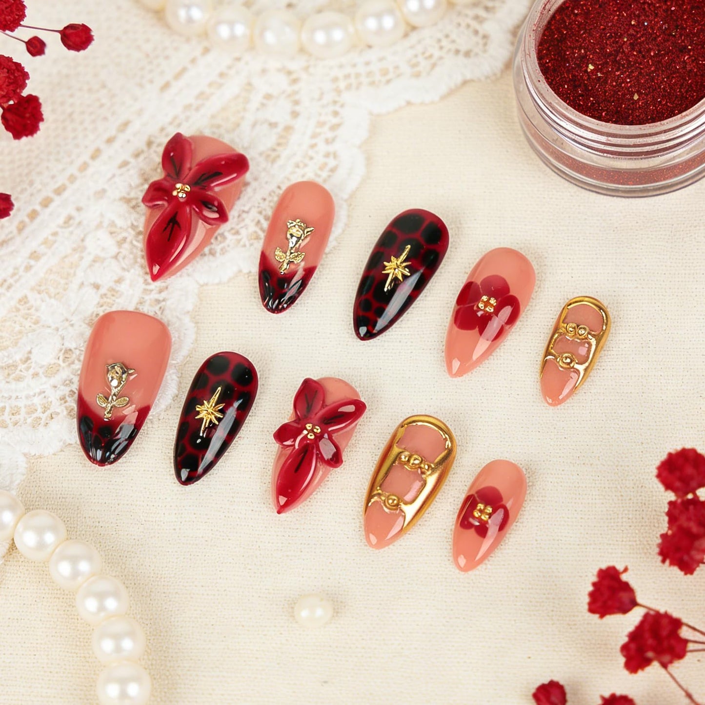 LTXHZYYL Handmade Press on Nails Almond 3D Floral Design Reusable ABS Full Cover False Nails Kit — Luxury Medium French Tip Glossy Acrylic Fake Nails for Women