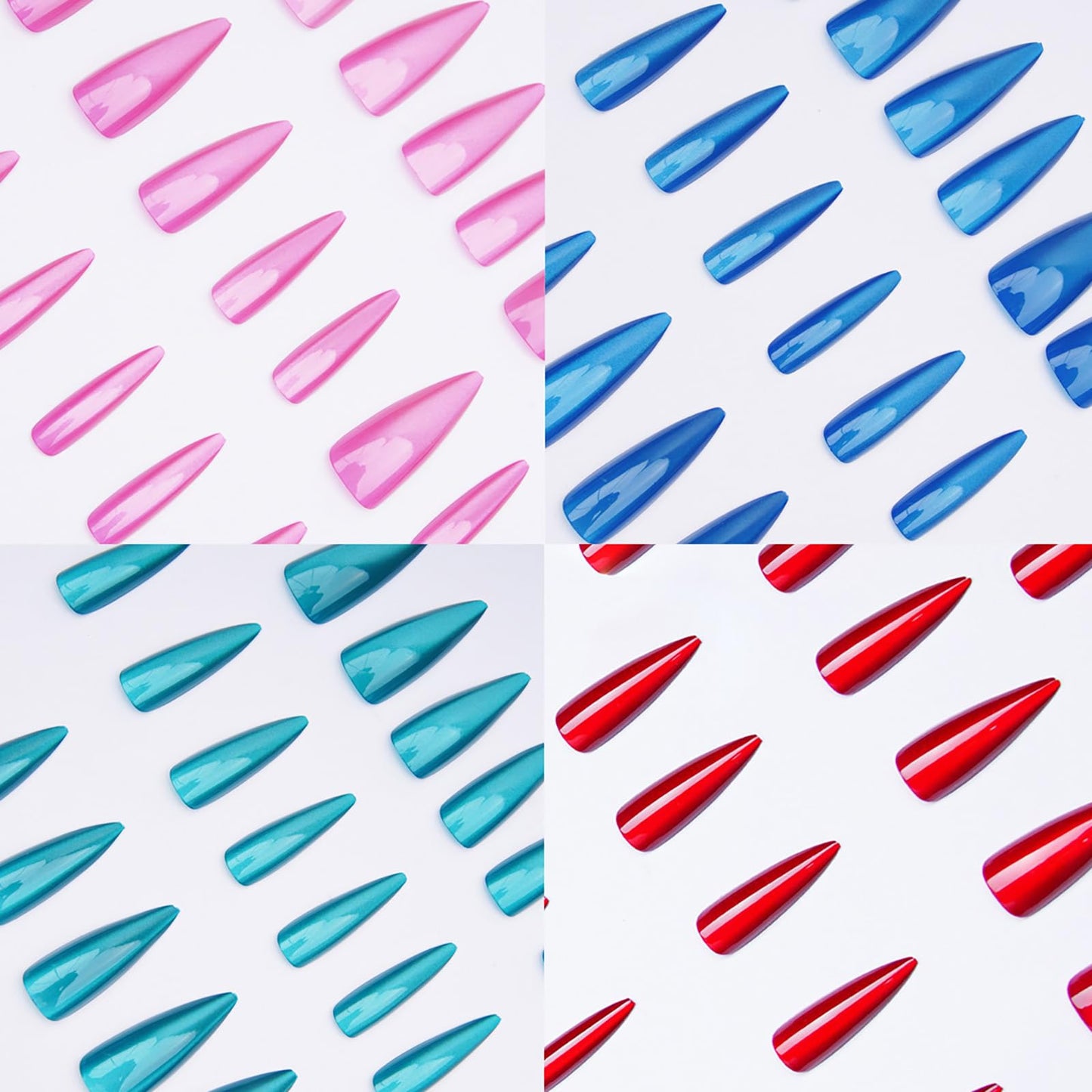 KKUUOO 4 Pack Stiletto Press on Nails Long - 4 Color Fake Nails with Glitter | Full Cover Glossy Acrylic Nail,Reusable False Nails Women 96Pcs(Red Pink Blue Lake Blue)