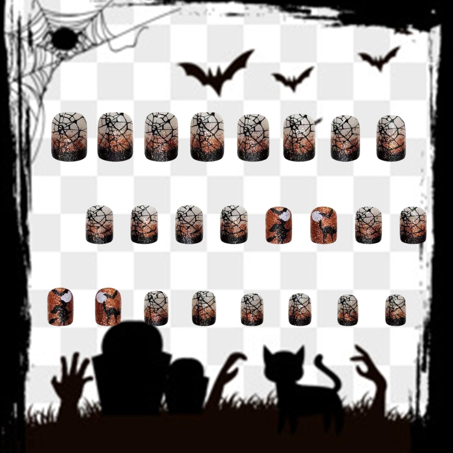 Halloween Press on Nails Short Square Bat Witch False Nail Acrylic Artificial Fingernails Glitter Powder Spider Web Design Full Cover Glossy Festival French Stick on Nails for Women Supplies 24Pcs