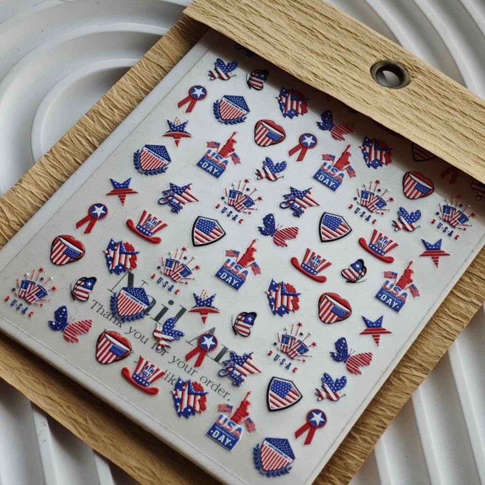 Independence Day Nail Stickers 5D Embossed Red Blue Star Summer Nail Decals Self-Adhesive Peace Dove Uncle Sam Hat Nail Designs 4th of July Nails Art Decoration for Women Manicure 1 Sheet
