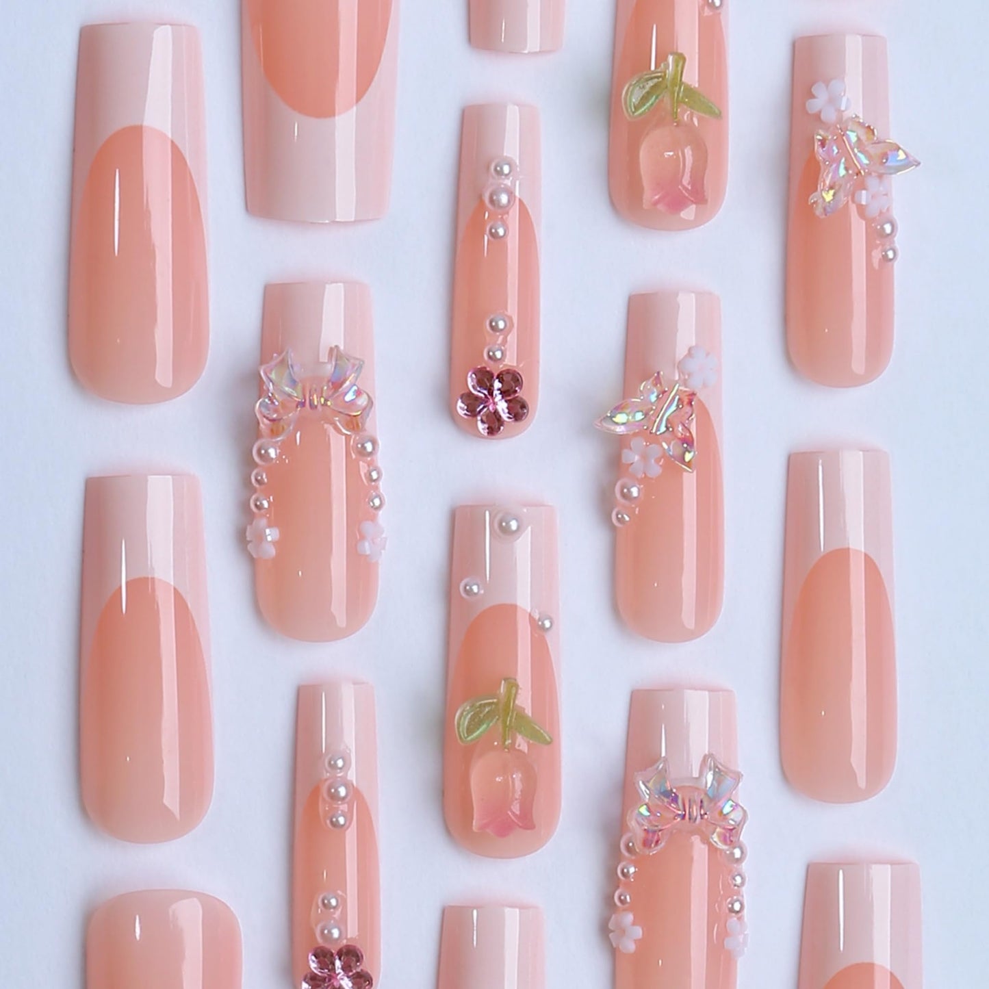 Long Press on Nails Square Fake Nails French Artificial Nail Seeneey Pink 3D Flowers Butterfly Bow Rhinestones Stick on Nail for Women 24pcs