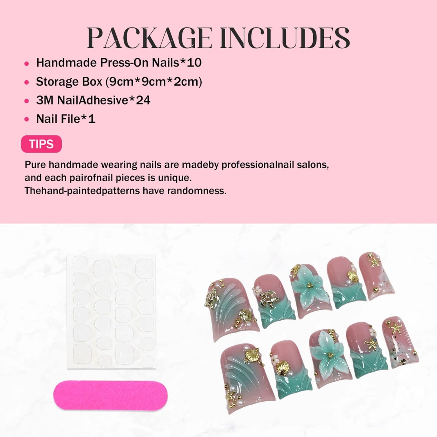 Luxury Handmade Press on Nails Medium Duck Fake Nails Blue French Tip False Nails with Ocean 3D Floral Art Ombre Design Acrylic Nails Handmade Stick on Nail for Women Manicure 10Pcs (Size M)