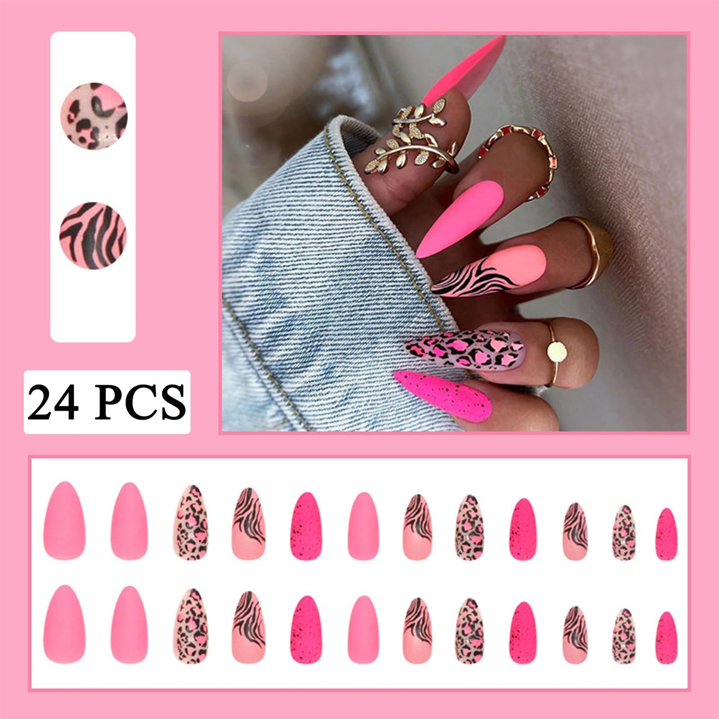24pcs Pink Press-On Nails Long Stiletto Matte False Nails with Leopard Pattern Full Cover Pink False Nails Flame French Glue Ballerina Acrylic Nails Women's Nail Art Decoration