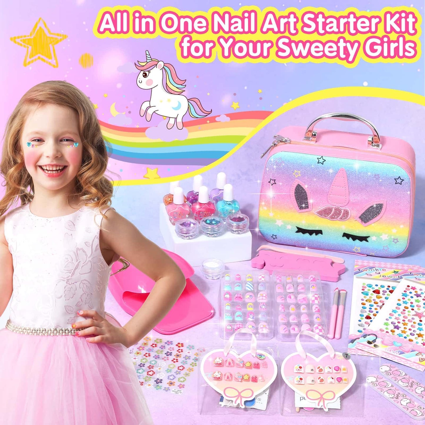 Kids Nail Polish with Press on Nails Set for Girls, Non-Toxic Nail Art Kit with Portable Dryer and Unicorn Case, Cute Stuff Gift Toys for Girls Age 8-12