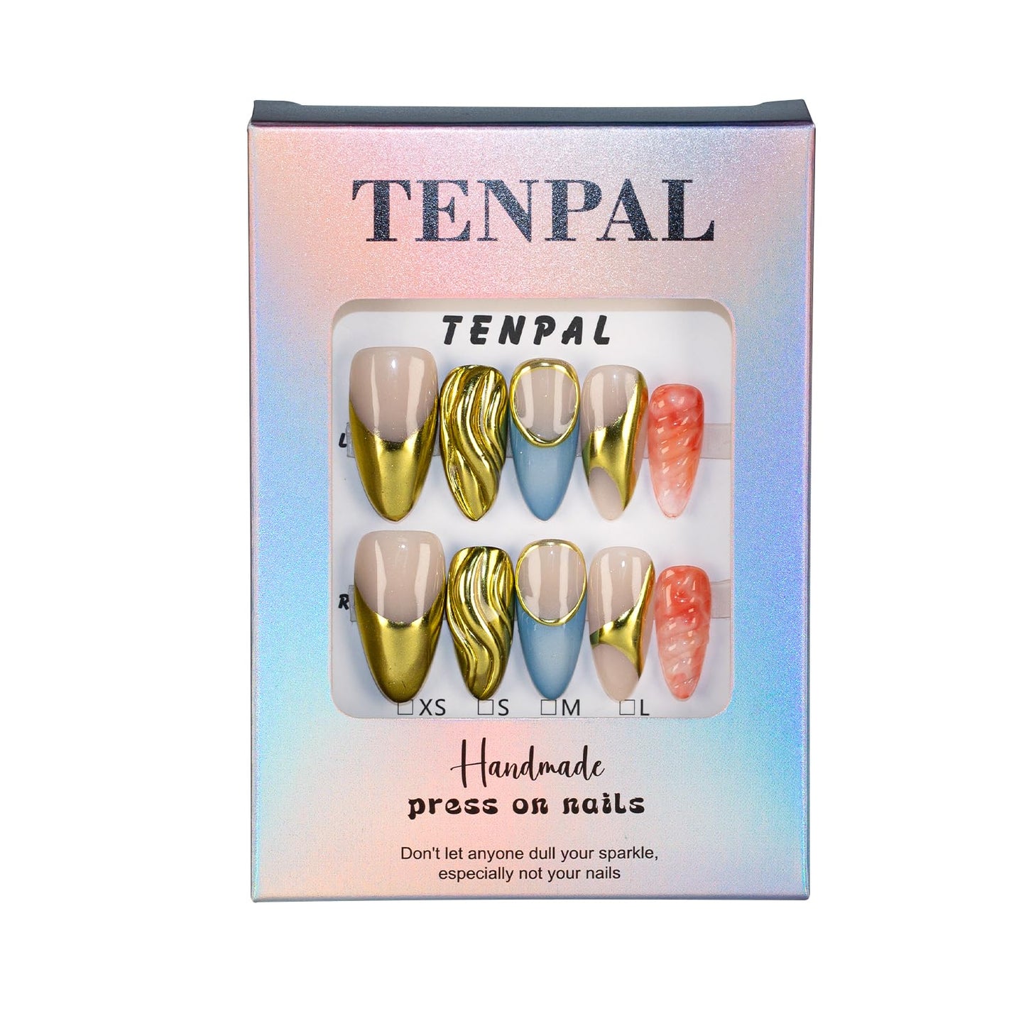 TENPAL Metallic Press on Nails Almond, Golden French Tips Nails, Soft Gel Fake Nails With Tools, Handmade Acrylic Nails With Sweet Cool Y2k 3D Waves Designs,10pcs/Box Nail Kits For Women(M)