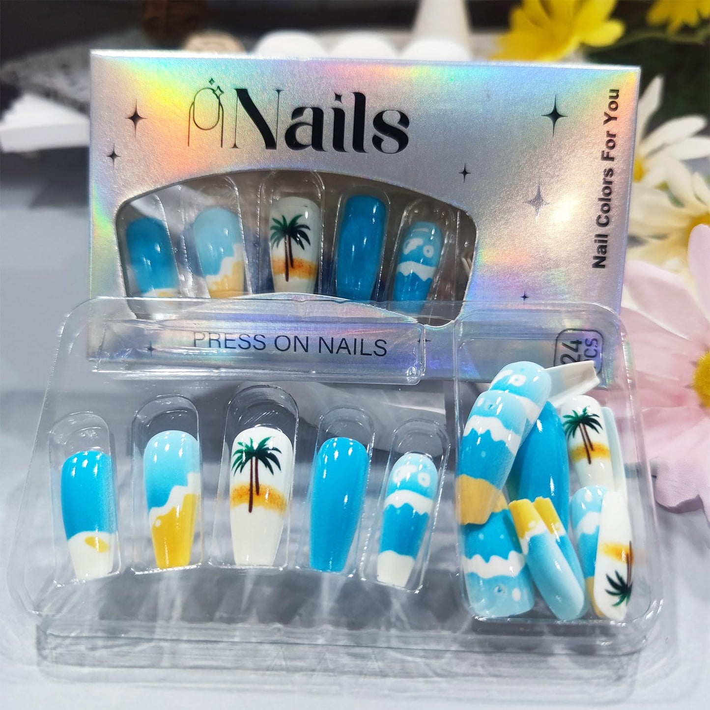 24Pcs Summer Sea Press on Nails Beach Acrylic Medium Coffin Fake Nail Coconut Palm Gel Glue on Nail Glossy White French Tips False Nails Curve Stick on Fingernails for Coquette Women Girls