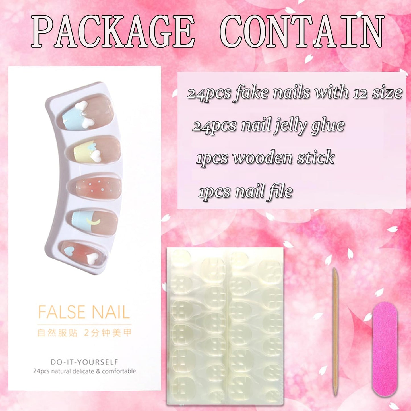 Vezocim French Tip Square Medium Press on Nails 24Pcs Glossy Full Cover Artificial Fake Nails with Blue Heart Designs Acrylic Coffin False Nails Glue Fingernails with Charm for Women