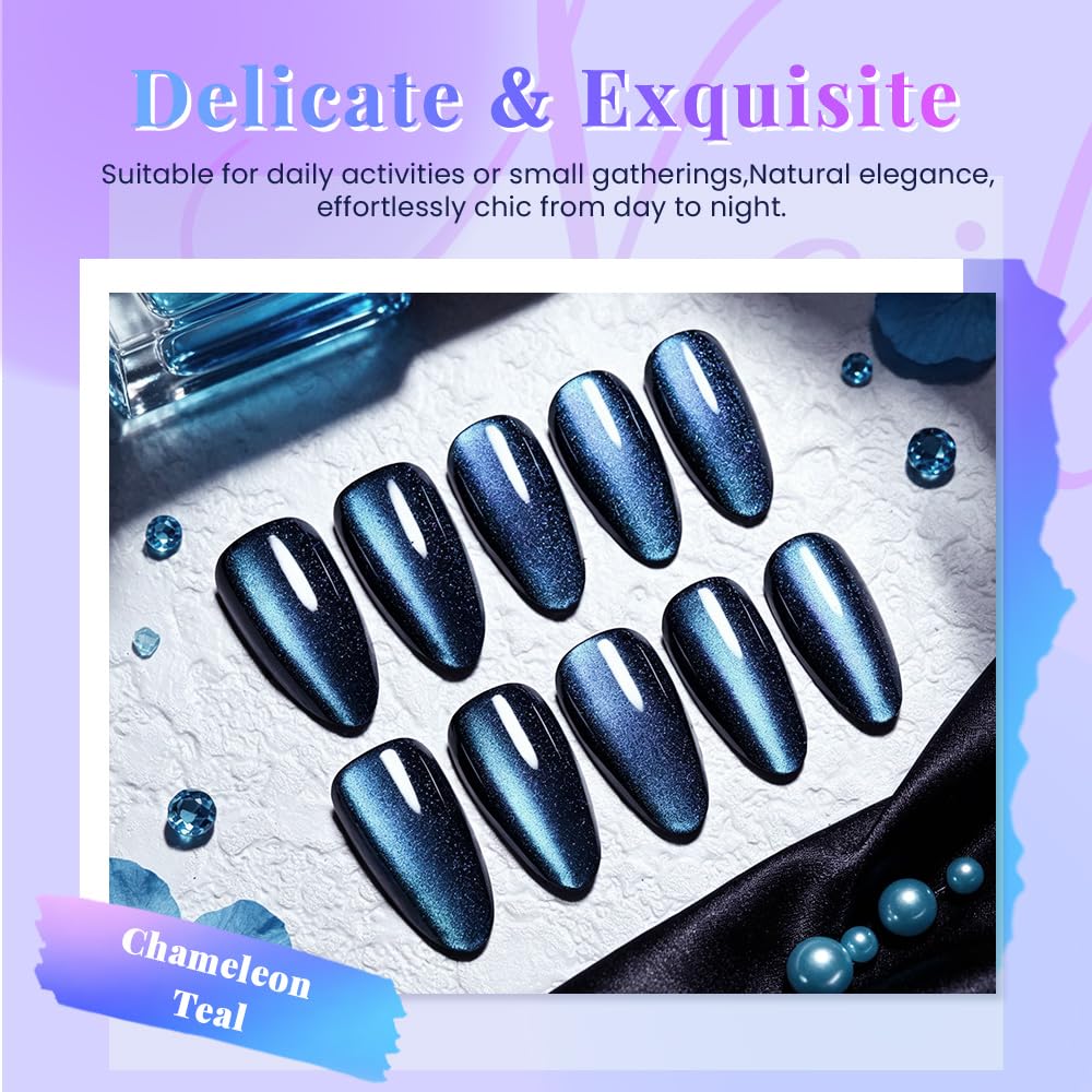 XZMeiLun Cat Eye Starry Blue Press On Nails Almond Medium, Magnetic Acrylic Fake Nails Stylish Design, Salon-Quality Shiny Finish, Reusable Stick On Nails Kit for Women, Daily Wear (No Glue Included)