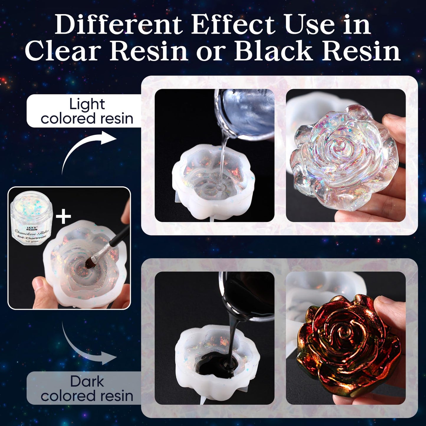 LET'S RESIN Opal Chameleon Flake, Transparent Glitter Flake for Epoxy Resin, 6 Colors Iridescent Color-Shift Pigment Powder for Resin Molds/Silicone Molds/Tumblers/Nail Art, Resin Supplies