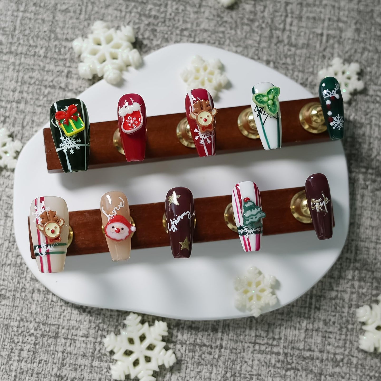 Tesytto Christmas Press on Nails Medium Coffin Colorful Fake Nails with Cute 3D Elk Santa Claus Xmas Trees Candy Canes Design Winter Handmade Acrylic Nails for New Year (Holiday Gifts,M)