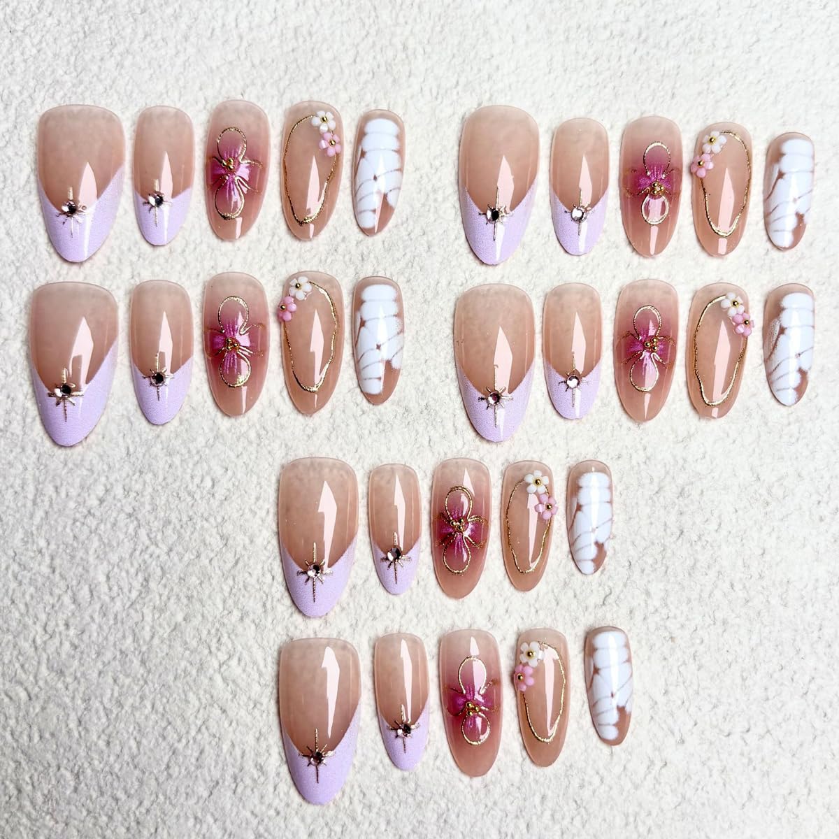 Medium Almond Press on Nails Purple French Tip Fake Nails Pink Flower 3D Gold Lines Rhinestones Design Full Cover Glossy Glue on Nails for Women 30PCS