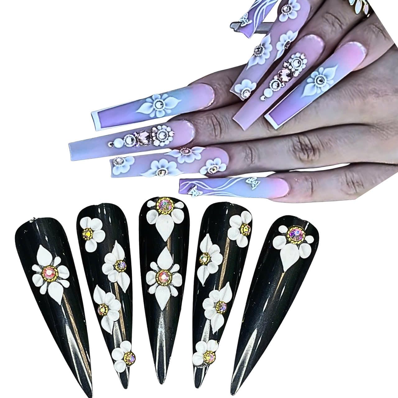 Set 12Pcs 3D Poinettia Flower -Nail Art Charms Handmade by Acrylic Powder Design Nail Art Floral Salon Decor, 3D Flowers Nails Charms with Rhinestone Gems for Women (Set White 12Pcs)