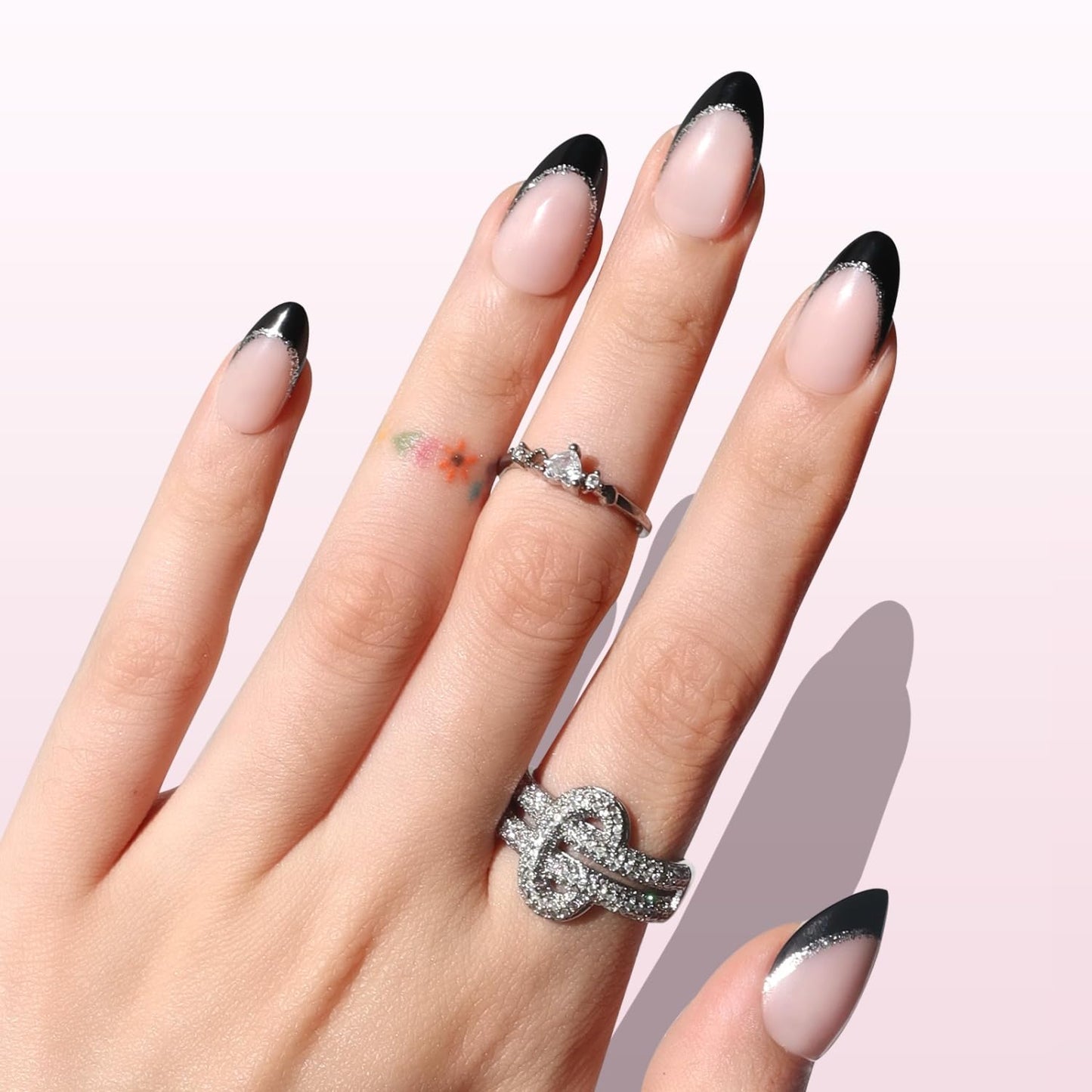 Nail Reformation Press On Nails, Silver Lining | Short Almond Fake Nails in Black Glitter French Tip on Nude Base in Glossy Finish, Reusable Stick On Nails in 16 Sizes - 32 Nail Kit for Women Gifts