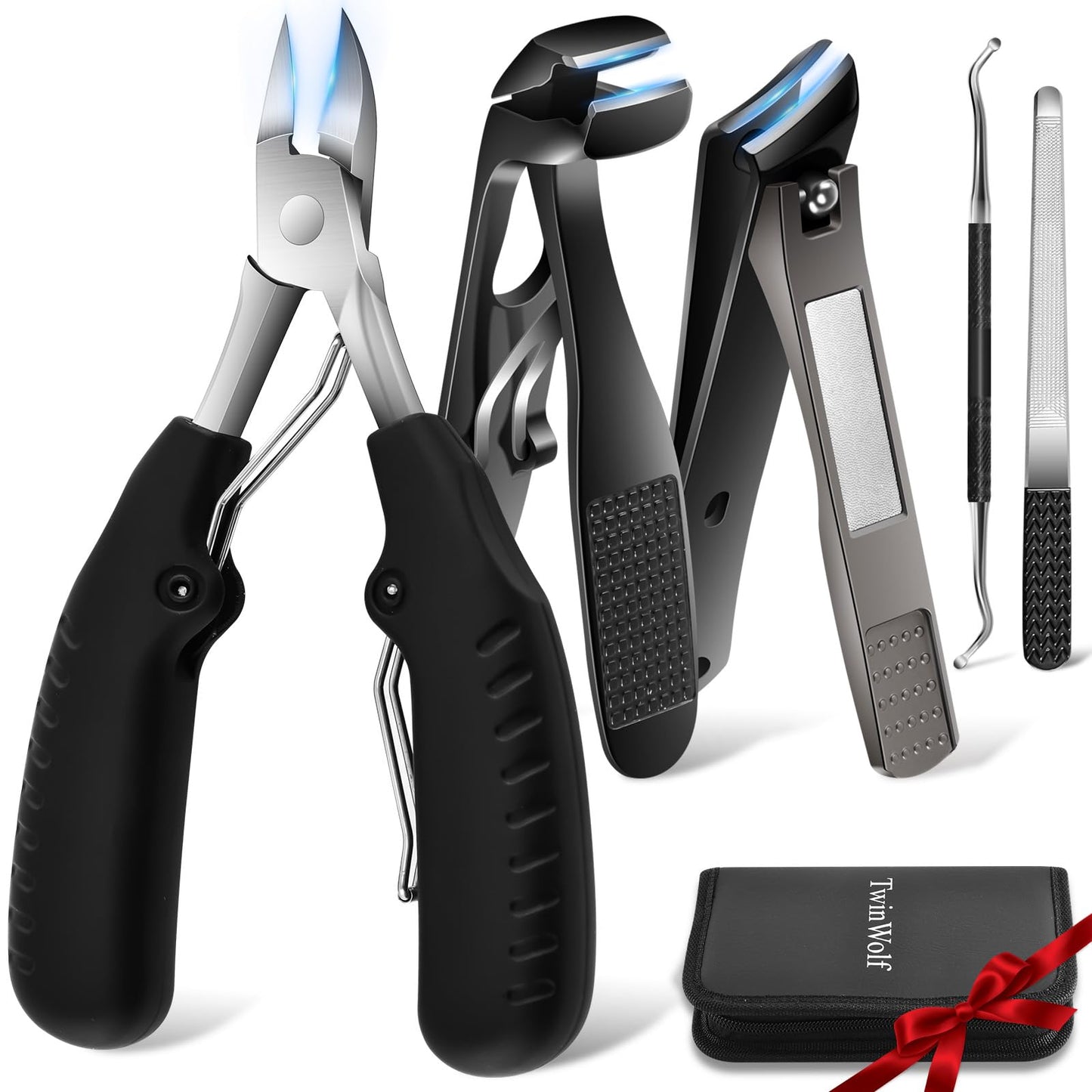 TwinWolf Toenail Clippers for Seniors Thick Ingrown Toenails,Heavy Duty Slanted Curved Blade Cutters for Fingernails, Large Ultra Sharp Nail Clippers Set with Wide Jaw for Men Women,5 Pcs,Black
