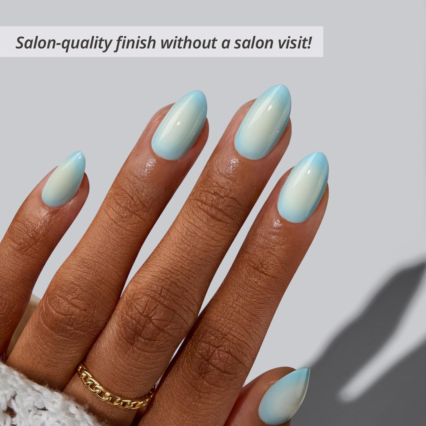 BTArtbox Press On Nails Short - Semester Glow, Easy-to-Apply Blue and White Ombre Almond Press On Nails with Glue and Adhesive Tabs in 16 Sizes - 32 Nails All-in-One Kit